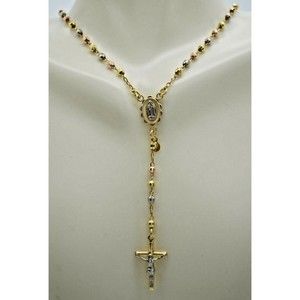 10k Solid Yellow Gold Colored Beads Rosary Virgin Mary Jesus Cross Necklace 17"